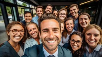 Happy office team taking a selfie photo