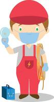 Cute cartoon illustration of an electrician with surgical mask and latex gloves as protection against a health emergency vector