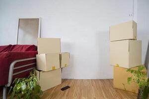 Cardboard boxes, potted plants and household stuff indoors. photo