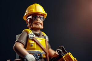 Confident toy construction worker on dark background photo