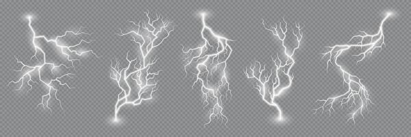 Lightning effect. Thunderstorm flash strikes set vector