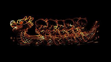 Glowing looping Dragon Boat dragon boat team training for children. neon frame effect, black background. video