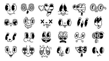 Retro 1930s facial expressions. Mascot faces for old animation characters, funny face with fire, heart and star shaped eyes set vector