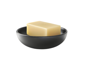 A bar of soap in a black bowl. Isolated on transparent background png