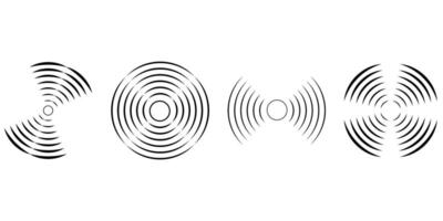 Set of circular ripple icons. Concentric circles with broken lines isolated on white background. Vortex, sonar wave, soundwave, sunburst, signal signs. graphic illustration vector