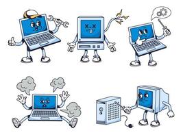 Computer service mascot. Laptop repair character, pc troubleshooting and IT technical support cartoon illustration set vector