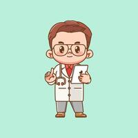 Cute doctor medical personnel hold tablet character kawaii chibi character mascot illustration outline style design vector