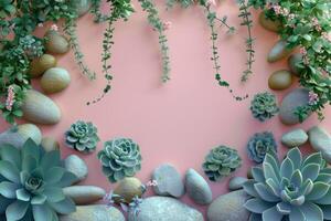 Succulents, Rocks, and Green Vines on Pink Background photo