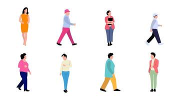 Set of eight diverse people walking. Men and women in side view. Flat cartoon characters illustration. vector