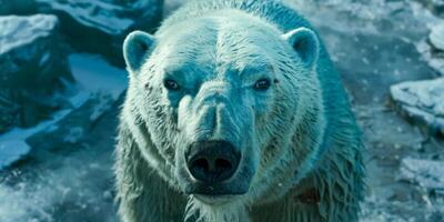 Polar bear navigating through icy terrain in winter photo