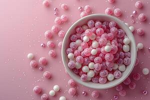 Pink and White Sugary Spheres in Bowl - Ideal for Sweet Treats and Candy Decor Projects photo