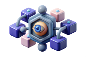 Isometric 3D AI Driven Ethical AI Elements concept as Abstract elements featuring symbols of ethics intertwined with digital AI patterns. The design is isolated on a white b png