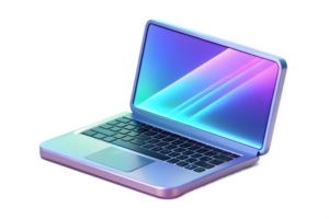 Isometric Flat Holographic Laptop on Glossy Stand concept as A modern laptop with a holographic keyboard glowing softly placed on a glossy stand. The scene is isolated on a white b png