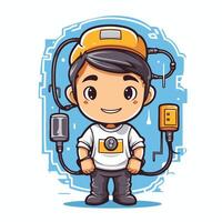 Cute boy with high tech equipment cartoon illustration graphic design vector