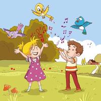 little boy sings and dances in the garden with his friends.boy playing the flute.girl singing vector