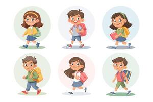 Cute schoolgirls and schoolboys with school backpack going to school. Set of pupils characters. Flat style illustration vector