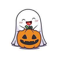 Cute Halloween Ghost Cartoon Character With Pumpkin Head vector