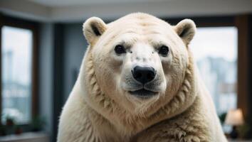 Closeup polar bear standing in a modern apartment. photo