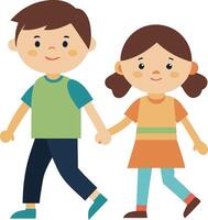 Two Children Happily Walking Together Hand in Hand vector