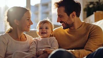 A family of three, a man, a woman and a baby, are sitting together on a couch video