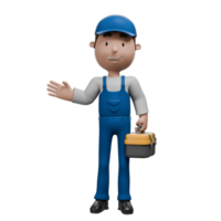 A 3D cartoon mechanic standing and waving while holding a toolbox, dressed in blue overalls and a matching cap. png