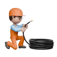 A 3D-rendered electrician kneeling, handling electrical wires, preparing them for installation, showcasing focus on accuracy and safety. png