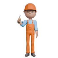 A 3D-rendered electrician in orange overalls holding a screwdriver, ready for work, with a calm expression, showcasing focus on task. png