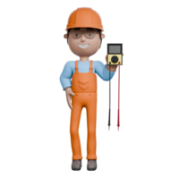 A 3D-rendered electrician holding a multimeter with a smile, ready to test and troubleshoot electrical circuits, exuding confidence and expertise. png