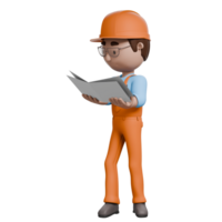 A 3D-rendered electrician in orange uniform reading a manual or schematic, concentrating on understanding the electrical diagram. png