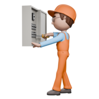 A 3D-rendered electrician in orange uniform tightening screws on an electrical panel, performing maintenance tasks with precision. png