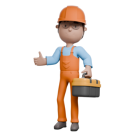 A 3D-rendered electrician giving a thumbs up while holding a toolbox, symbolizing readiness and assurance for the electrical task at hand. png