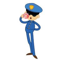 Cartoon policeman eating donut standing with hand on hip vector