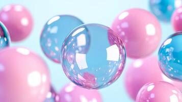 Glossy translucent paint bubbles in pastel shades floating over a pale gradient background photo