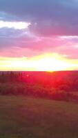 Cinematic aerial shot of an endless hills and forest landscape in southern Slovenia. Clip. Flying above summer dense forest on sunset cloudy sky background. video