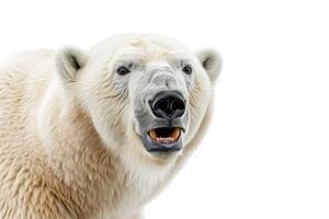 A polar bear is standing in front of a white background photo