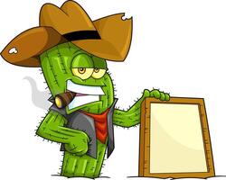 Funny Cactus Cowboy Cartoon Character Holding Wooden Blank Sign vector