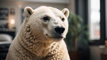 Closeup polar bear standing in a modern apartment. photo