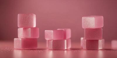 Pink cubes stacked on top of each other on a pink background. photo