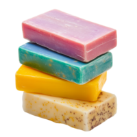 A variety of handmade soap bars displayed in a vibrant, stacked arrangement on a clean transparent background, group of soap bars on transparent background png