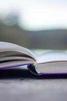 Open book with pages flipping in the wind. Reading on the lake wooden dock on autumn day. Learning enjoying tranquility of nature. Peaceful outdoor environment. Selective focus. Blurred background. photo