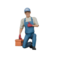 3D Professional Male in Mechanic Role. A male mechanic kneels holding a tool box in his right hand while his left hand is in front of his chest with a thumb up. Cartoon png