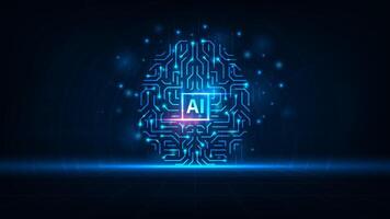 Artificial Intelligence concept. Glowing blue brain circuit with HUD. Technology abstract background. vector