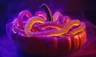 Neon gummy worms in a spooky pumpkin dish, eerie purple lighting, soft shadows photo