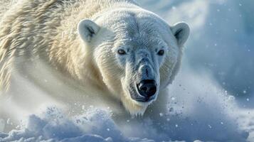 Closeup of a powerful polar bear standing against a blanket of blowing snow her thick fur matted and coated with frost photo