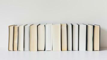 Books with black and white covers lined up on a white shelf against a white background photo