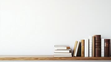 Books on a wooden shelf in front of a white wall photo