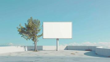 A white billboard is in front of a tree photo