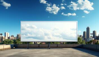 A large billboard sits on a rooftop in a city photo