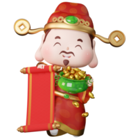 Cute traditional God of Wealth holding scroll and cornucopia 3D rendering illustration png