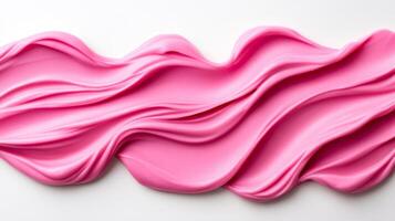 Milky pink cosmetic serum flowing down in silky streams against a white backdrop highlighting its light fluid texture photo